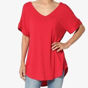 Luxe Rayon V-Neck Rolled Cuffed Short Sleeve Dolphin Hem Top T-shirt